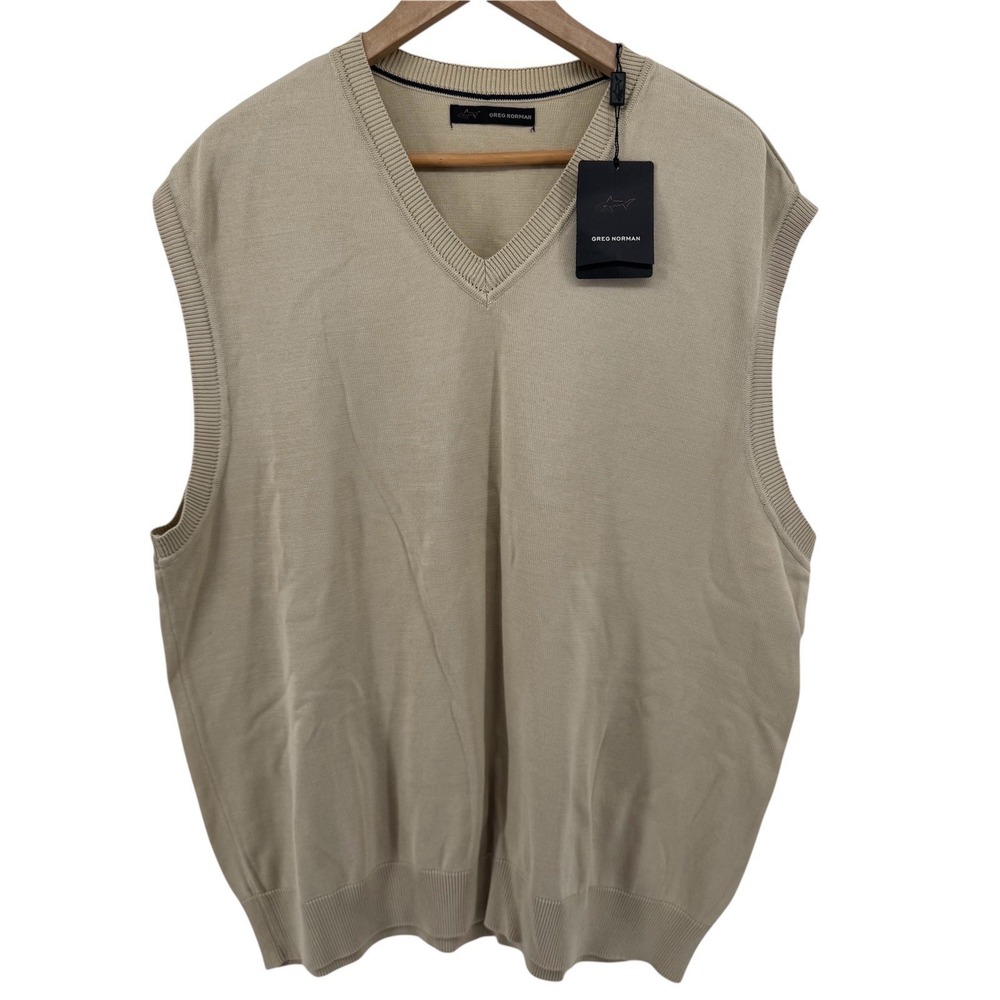 Greg Norman Sweater Vest Mens 2XL Tan V Neck Cotton Modal Golf Knit Pullover